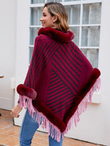 BEAUTIFUL I AM Striped Fringe Hem Poncho