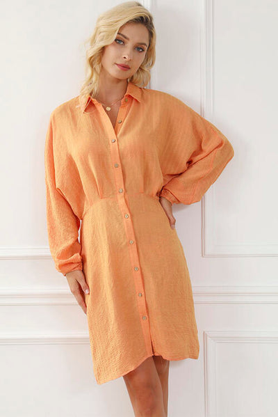 BEAUTIFUL I AM Texture Button Up Balloon Sleeve Shirt Dress