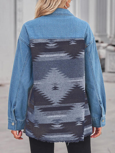 BEAUTIFUL I AM Geometric Raw Hem Button Up Denim Jacket