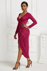 BEAUTIFUL I AM High-low Ruched Surplice Long Sleeve Dress