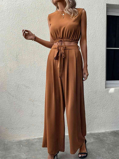 BEAUTIFUL I AM Sleeveless Drawstring Top and Tied Pants Set