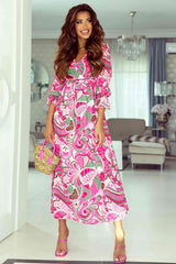 BEAUTIFUL I AM Printed Surplice Neck Flounce Sleeve Dress