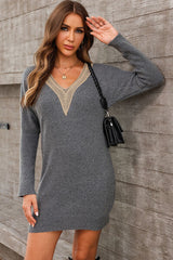 BEAUTIFUL I AM V-Neck Long Sleeve Mini Sweater Dress