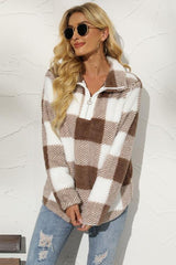 BEAUTIFUL I AM Plaid Half Zip Long Sleeve Sweatshirt