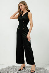 BEAUTIFUL I AM V-Neck Sleeveless Decorative Buttons Pants Jumpsuit