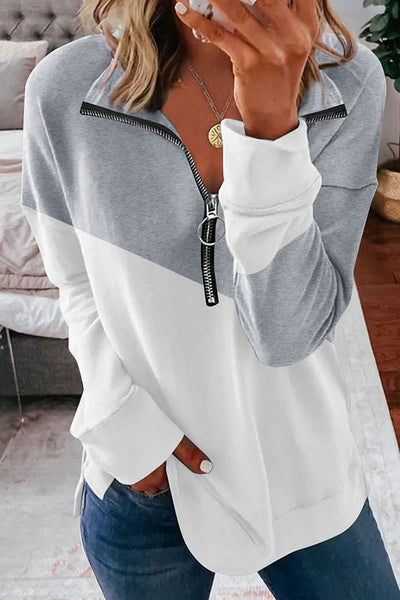 BEAUTIFUL I AM Contrast Zip-Up Collared Neck Dropped Shoulder Blouse Shirt