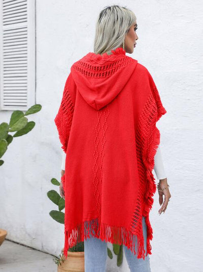 BEAUTIFUL I AM Fringe Trim Buttoned Hooded Poncho