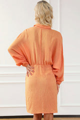 BEAUTIFUL I AM Texture Button Up Balloon Sleeve Shirt Dress