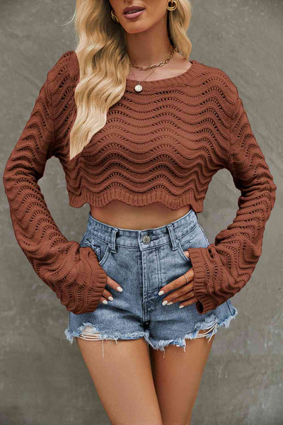 BEAUTIFUL I AM Round Neck Long Sleeve Cropped Sweater