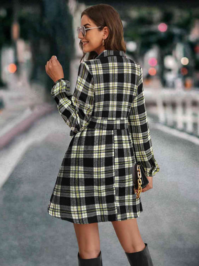 BEAUTIFUL I AM Plaid Tie Front Collared Neck Long Sleeve Dress