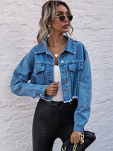 BEAUTIFUL I AM Cropped Collared Neck Raw Hem Denim Jacket