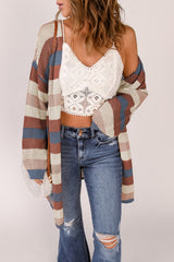 BEAUTIFUL I AM Full Size Striped Long Sleeve Openwork Cardigan