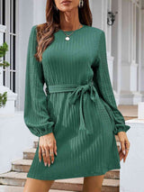 BEAUTIFUL I AM Round Neck Tie Front Long Sleeve Dress