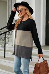 BEAUTIFUL I AM Color Block Round Neck Long Sleeve Slit Shirt