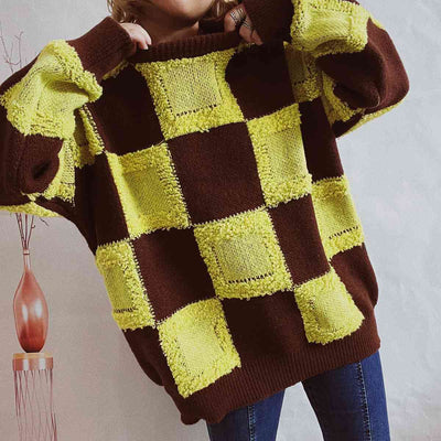 BEAUTIFUL I AM Checkered Round Neck Long Sleeve Sweater