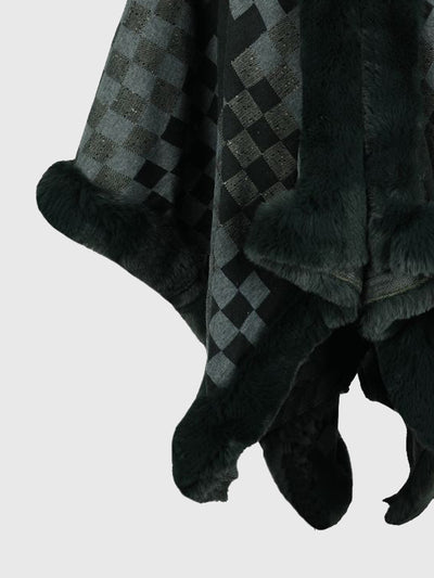 BEAUTIFUL I AM Checkered Faux Fur Trim Poncho