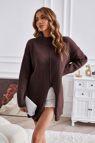 BEAUTIFUL I AM Exposed Seam Mock Neck Slit Sweater