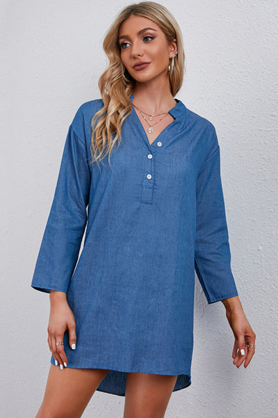 BEAUTIFUL I AM Half-Button Notched Neck High-Low Denim Dress