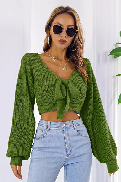 BEAUTIFUL I AM Bow V-Neck Long Sleeve Cropped Sweater