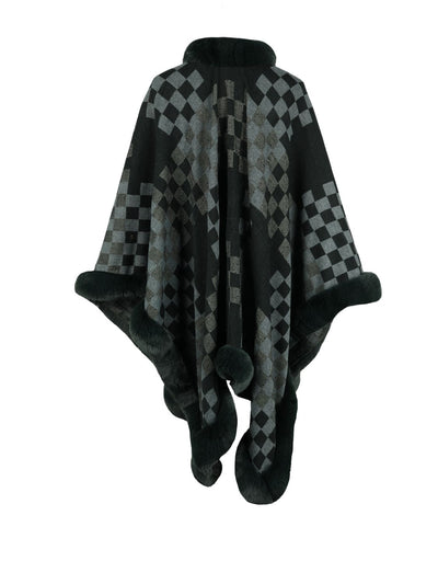 BEAUTIFUL I AM Checkered Faux Fur Trim Poncho