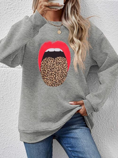 BEAUTIFUL I AM Leopard Lip Graphic Round Neck Sweatshirt