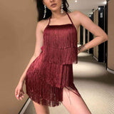 BEAUTIFUL I AM Fringed Halter Neck Tied Back Mini Dress