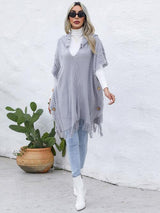 BEAUTIFUL I AM Fringe Trim Buttoned Hooded Poncho