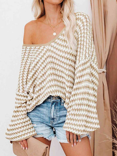 BEAUTIFUL I AM Striped Drop Shoulder V-Neck Sweater