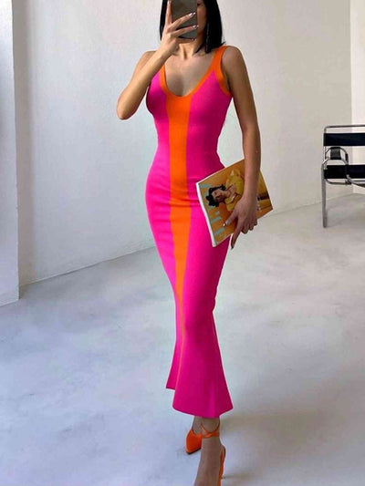 BEAUTIFUL I AM Contrast Wide Strap Slit Midi Dress