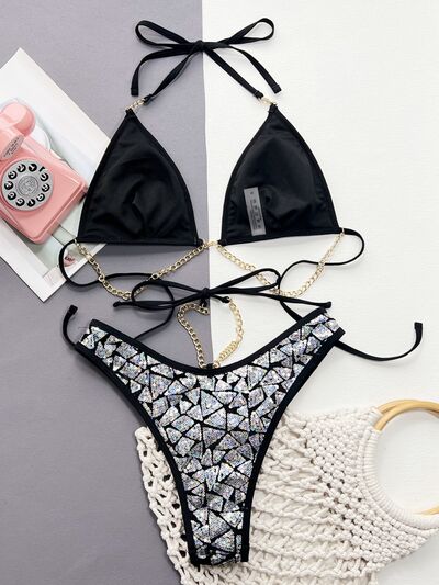 BEAUTIFUL I AM Sequin Halter Neck Two-Piece Bikini Swim Set