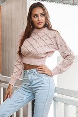 BEAUTIFUL I AM Openwork Plaid Round Neck Cropped Sweater