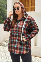 BEAUTIFUL I AM Plus Size Drawstring Plaid Quarter Button Hoodie