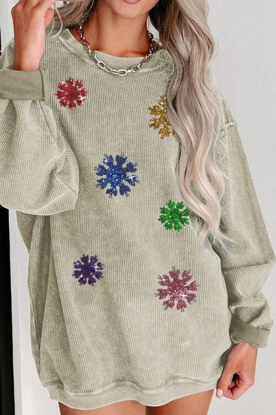 BEAUTIFUL I AM Sequin Snowflake Round Neck Sweatshirt