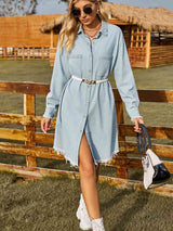 BEAUTIFUL I AM Button Up Collared Neck Raw Hem Denim Dress