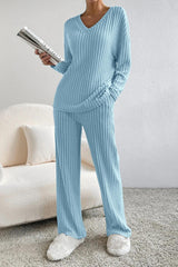 BEAUTIFUL I AM Ribbed V-Neck Top and Pants Set