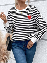 BEAUTIFUL I AM Heart Patch Striped Round Neck Long Sleeve Sweatshirt