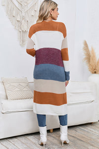 BEAUTIFUL I AM Long Color Block Open Front Pocketed Cardigan