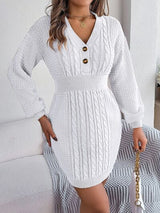 BEAUTIFUL I AM Buttoned Cable-Knit V-Neck Sweater Dress