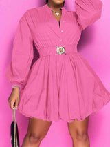 BEAUTIFUL I AM Notched Button Up Balloon Sleeves Dress