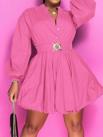 BEAUTIFUL I AM Notched Button Up Balloon Sleeves Dress