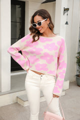 BEAUTIFUL I AM Round Neck Flower Pattern Dropped Shoulder Pullover Sweater