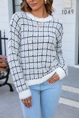 BEAUTIFUL I AM Plaid Round Neck Long Sleeve Pullover Sweater