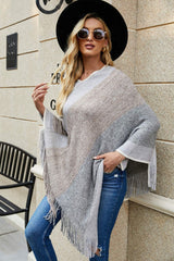 BEAUTIFUL I AM Color Block Fringe Hem Poncho