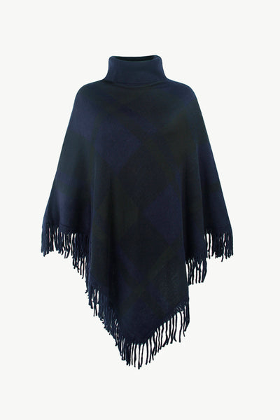 BEAUTIFUL I AM Plaid Turtleneck Fringe Hem Poncho