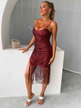 BEAUTIFUL I AM Sequin Fringe Spaghetti Strap Dress