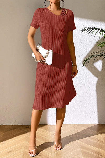 BEAUTIFUL I AM Ribbed Asymmetrical Neck Short Sleeve Dress