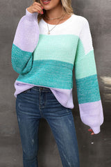 BEAUTIFUL I AM Color Block Round Neck Dropped Shoulder Sweater