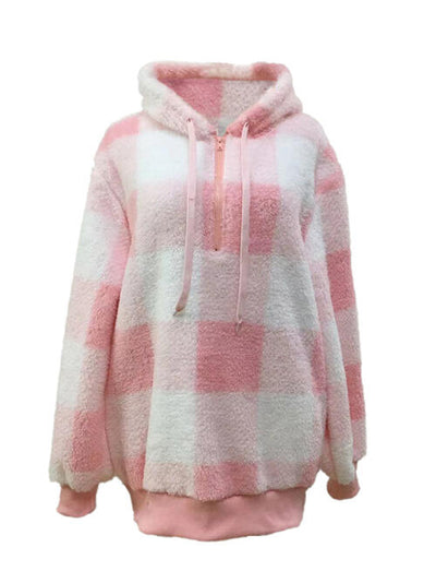 BEAUTIFUL I AM Plaid Half Zip Drawstring Hoodie