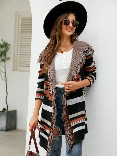 BEAUTIFUL I AM Fringe Geometric Hooded Long Sleeve Cardigan