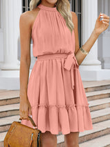 BEAUTIFUL I AM Ruched Grecian Neck Tie Waist Mini Dress